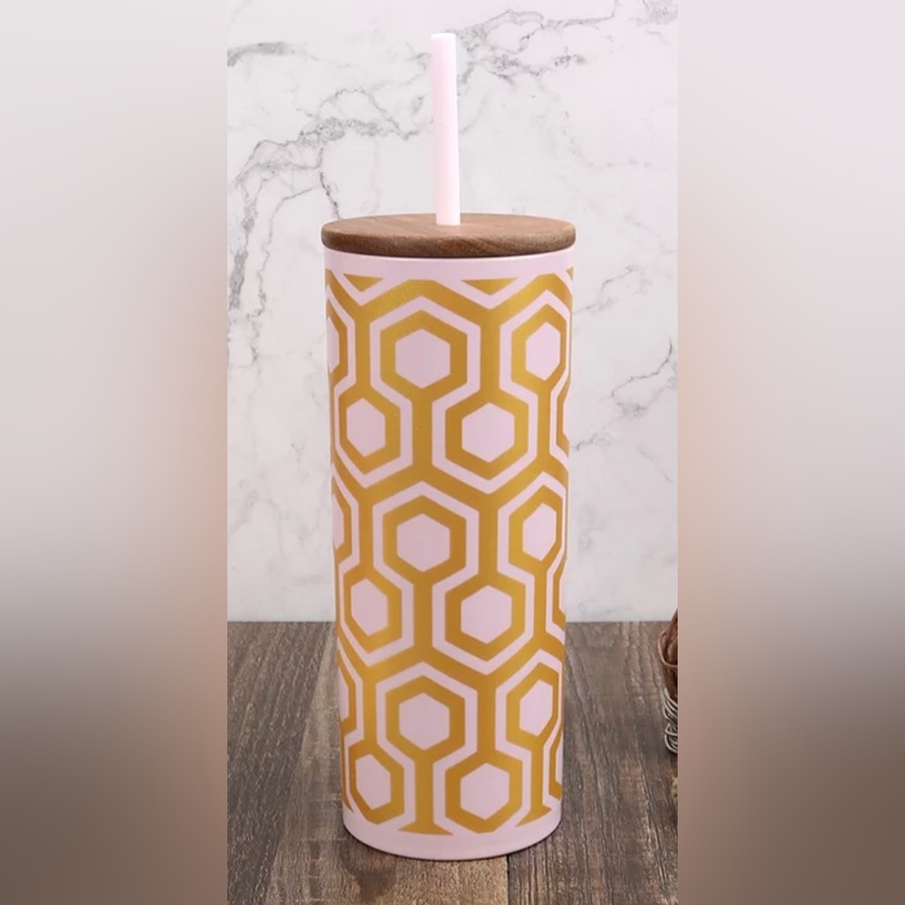 NWT Mainstays 24-Ounce Eco-Friendly Plastic Tumbler with Wood Lid & straw